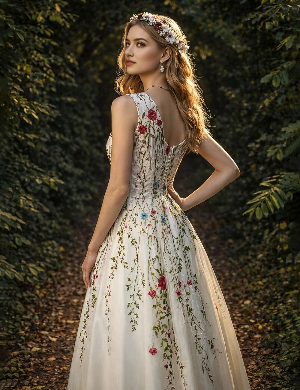 Vedress boho floral embroidered prom dress v back button closure back portrait view